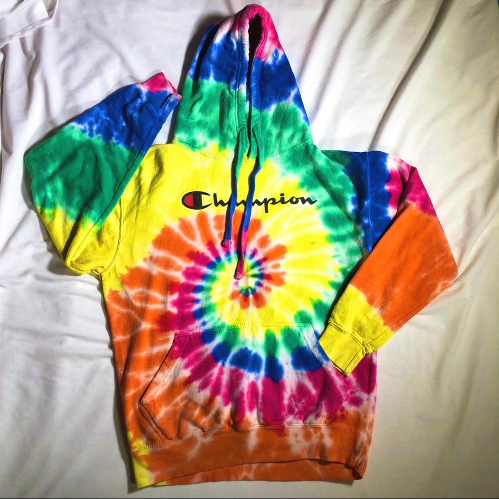Champion Rainbow Swirl Tie Dye Hooded Sweatshirt Pullover Hoodie Size Medium
